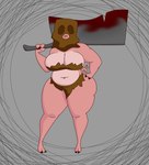 alternate_species anthro bag_over_head big_breasts blood blood_on_weapon bodily_fluids breasts cleavage cleaver_(weapon) clothed clothing female grey_background hand_on_hip holding_cleaver holding_object holding_weapon huge_breasts looking_at_viewer melee_weapon navel overweight overweight_female pink_nody ragged_clothing simple_background solo thick_thighs weapon weapon_on_shoulder wide_hips chhiccennuggett dark_souls fromsoftware maneater_mildred domestic_pig mammal suid suina sus_(pig) hi_res