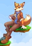 anthro blue_clothing book boots bottomwear clothing eyewear female footwear fur gloves goggles handwear looking_at_viewer pants plantigrade scarf shoes sitting smile solo lambibelle lucky's_tale_(series) playful_corp. lyra_swiftail canid canine fox mammal 2019 absurd_res hi_res