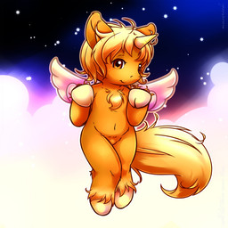 anthro chibi feathered_wings feathers hair hooves horn looking_at_viewer male orange_eyes solo tail wings maverick mythology equid equine mammal mythological_creature mythological_equine winged_unicorn 1:1 source_request