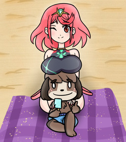 3_toes 5_fingers anthro bangs beach bent_legs big_breasts black_nose black_one-piece_swimsuit blue_clothing blue_swimming_trunks blue_swimwear blush boob_hat breasts brown_body brown_ears brown_eyebrows brown_fur brown_hair closed_smile clothed clothed_anthro clothed_female clothed_male clothing colored_nails duo ear_piercing eyebrow_through_hair eyebrows eyelashes eyelashes_through_hair feet female female_human fingernails fingers floppy_ears fluffy_ears freckled_face freckles fur gesture hair hand_gesture hands_on_shoulders head_accessory larger_female larger_human light lop_ears male male_anthro medium_hair mouth_closed nails one_eye_closed outside piercing pink_freckles pink_hair purple_towel red_eyes red_fingernails red_nails sand short_hair sitting sitting_on_towel size_difference smaller_anthro smaller_male smile smiling_at_viewer swimming_trunks swimwear tan_body tan_skin thumbs_up toes topless topless_anthro topless_male towel translucent translucent_hair cookieboy011 animal_crossing nintendo xenoblade_(series) digby_(animal_crossing) pyra_(xenoblade) canid canine canis domestic_dog human mammal shih_tzu toy_dog 2018 colored crossover digital_drawing_(artwork) digital_media_(artwork) english_description lighting shaded