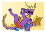 anthro beach_towel bottomwear bulge claws clothed clothing countershading eyewear finger_claws looking_at_viewer male markings membrane_(anatomy) membranous_wings paws purple_body purple_scales scales shorts skimpy skimpy_bottomwear solo spots spotted_body sunglasses swimwear toe_claws towel wings balamoo activision mythology spyro_the_dragon spyro dragon mythological_creature mythological_scalie scalie