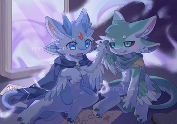 3_claws 4_ears ambiguous_anthro ambiguous_gender anthro black_sclera blue_body blue_cape blue_clothing blue_eyes blue_feathers blush book cape cape_only claws clothing detailed_background duo feathers feet finger_claws forehead_gem gem green_body green_feathers implied_transformation inner_ear_fluff looking_at_self lothing mostly_nude mostly_nude_anthro multi_ear multicolored_body multicolored_feathers nude_ambiguous nude_anthro open_mouth paper pink_inner_ear pupils red_gem scarf sitting slit_pupils star_pupils symbol-shaped_pupils teal_eyes toe_claws tongue tongue_out tuft unusual_pupils white_body white_feathers white_inner_ear_fluff white_sclera winged_arms wings theresnobody827 avali avian 2026 digital_media_(artwork) hi_res shaded