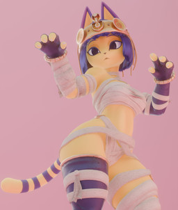 4_fingers accessory anthro bandage bandaged_arm bandaged_leg bangs bare_shoulders black_eyes blue_clothing blue_fingerless_gloves blue_gloves blue_hair blue_handwear blunt_bangs bob_cut bracelet breasts chest_wraps clothing egyptian female fingerless_gloves fingers gloves gold_(metal) hair hair_accessory handwear jewelry legwear low-angle_view markings medium_breasts mummy_wrappings navel_line pink_background short_hair simple_background solo striped_markings striped_tail stripes tail tail_markings thick_thighs thigh_highs wide_hips wraps yellow_body rosoero warfaremachine_(modeler) animal_crossing nintendo ankha_(animal_crossing) warfare_ankha domestic_cat felid feline felis mammal 3d_(artwork) absurd_res digital_media_(artwork) hi_res