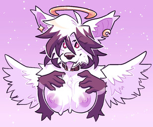 anthro areola big_breasts bodily_fluids breasts cheek_tuft collar cum cum_on_breasts cum_on_tongue facial_tuft feathered_wings feathers female genital_fluids gloves_(marking) gradient_background halo hand_on_breast markings nipples presenting presenting_breasts purple_background simple_background solo sparkles sparkling_eyes tongue tongue_out tuft wings bittenbun canid canine mammal 2025