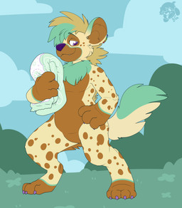4_fingers 4_toes ambiguous_gender anthro brown_body brown_fur brown_hair brown_inner_ear brown_spots claws cloud diaper digitigrade dipstick_ears dipstick_tail ear_markings ear_piercing fangs featureless_crotch feet finger_claws fingers fur gloves_(marking) grass green_body green_ear_tips green_fur green_hair green_tail green_tail_tip hair hand_on_hip holding_diaper leg_markings logo markings mohawk multicolored_body multicolored_ears multicolored_fur multicolored_hair narrowed_eyes nude piercing plant pride_color_piercing purple_claws purple_nose shrub sky smile socks_(marking) solo spots spotted_body spotted_face spotted_fur standing tail tail_markings teeth three-quarter_view toe_claws toes touching_diaper two_tone_hair two_tone_tail yellow_body yellow_fur yellow_tail bubblepuppers vanela_(character) hyena mammal absurd_res artist_logo full-length_portrait hi_res portrait
