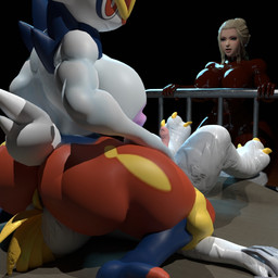 anthro areola big_breasts big_butt breasts butt clothing facesitting female genitals group huge_breasts latex latex_clothing latex_skinsuit male male/female nipples penis pink_areola pink_nipples sitting_on_another skinsuit thick_thighs tight_clothing trio wide_hips suicune_queen nintendo pokemon cinderace generation_8_pokemon pokemon_(species) 1:1 3d_(artwork) digital_media_(artwork)