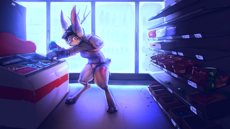 3_toes 5_fingers anthro antlers backpack barefoot biped black_claws black_hair blood blood_on_weapon bodily_fluids bottomless brown_body brown_fur claws clothed clothing dagger detailed_background feet female fingers front_view fur hair horn inside jacket long_ears melee_weapon red_eyes short_hair solo standing store toe_claws toes topwear weapon kawfee amelia_(kawfee) jackalope lagomorph mammal 16:9 2020 digital_media_(artwork) hi_res widescreen