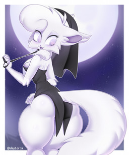 anthro border breasts clothing collar detailed_background eyelashes female headgear headwear leash leash_pull leashed_collar moon neck_tuft nun_outfit open_mouth purple_eyes purple_inner_ear purple_tongue rear_view solo tail text tongue topwear tuft white_border day1or liene_(day1or) artist_name hi_res