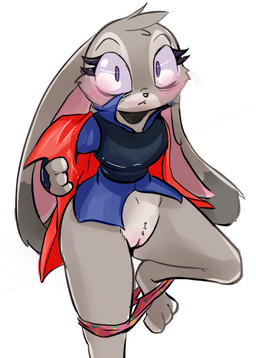anthro big_ears blush bottomless clothed clothing female fur genitals jacket looking_at_viewer panties purple_eyes simple_background solo topwear underwear undressing vulva wide_hips jailbait_knight disney zootopia judy_hopps lagomorph leporid mammal rabbit