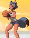 5_fingers anthro ball basketball_(ball) black_nose blue_eyes blue_hair bottomwear brown_body brown_fur clothing cloud cute_fangs dipstick_tail dolphin_shorts fangs female fingers fur hair holding_basketball looking_up markings multicolored_tail outside shirt short_hair shorts smile solo tail tail_markings tank_top teeth topwear kiit0s brand_new_animal studio_trigger michiru_kagemori canid canine mammal raccoon_dog tanuki 2020