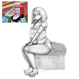 anthro babydoll beak big_breasts breasts cleavage clothed clothing eyelashes female footwear hair half-closed_eyes high_heels looking_at_viewer machine midriff narrowed_eyes navel nightgown panties shoes short_hair sitting solo underwear baitgoon disney ducktales robotica anatid anseriform avian bird duck robot 1:1 2025 hi_res monochrome reference_image