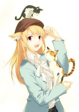 blonde_hair clothing fangs female feral frilly frilly_clothing gradient gradient_background group hair hat headgear headwear long_hair open_mouth purple_eyes quadruped red_eyes ribbons simple_background tail teeth white_background dasoku_sentarou copyright_request animal_humanoid cat_humanoid domestic_cat felid felid_humanoid feline feline_humanoid felis humanoid mammal mammal_humanoid