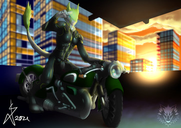 5_fingers biped blue_eyes building bulge city cityscape clothing digitigrade fingers footwear fur furgonomic_footwear furgonomics gesture green_body green_fur leather leather_clothing male motorcycle multicolored_body multicolored_fur salute solo sunset tail two_tone_body two_tone_fur urban vehicle white_body white_fur cormac_(artist) mammal sergal 2021 hi_res