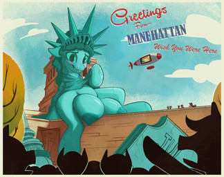 aircraft airship areola big_teats blush clothed clothed_feral clothing crotch_breasts eyelashes female feral green_areola green_nipples nipples public pupils quadruped smile statue_of_liberty tail teats text vehicle anontheanon hasbro my_little_pony animate_inanimate equid equine mammal absurd_res hi_res