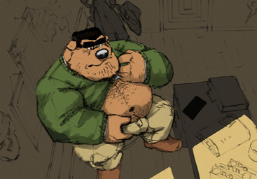 anthro aroused aroused_male barazoku beer_belly belly big_belly big_muscles black_chest_hair black_eyebrows black_facial_hair black_hair body_hair bottomwear brown_clothing brown_footwear brown_shoes bulge bulge_fondling bulge_grab bulge_rubbing buzz_cut chest_hair clothing clothing_pull crotch_fondling crotch_grab desk erection erection_under_clothing erection_under_pants eyebrows facial_hair footwear furniture green_bottomwear green_clothing green_pants green_sweater green_topwear grope hair hand_on_bulge hand_on_crotch high-angle_view holding_bulge holding_crotch holding_erection male manly masturbation masturbation_through_clothing musclegut muscular muscular_anthro muscular_arms muscular_male muscular_thighs office pants presenting presenting_belly presenting_body presenting_bulge rubbing_crotch self_grope shirt shoes solo squeezing_bulge standing stubble suitcase sweater sweater_pull table thick_arms thick_eyebrows thick_thighs topwear topwear_pull tough_guy white_clothing white_shirt white_topwear wide_stance bighurso bulldog canid canine canis domestic_dog mammal mastiff molosser