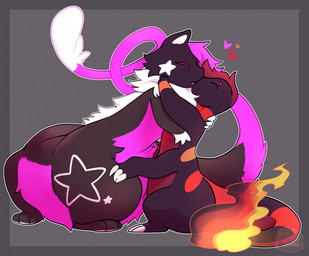 ambiguous_gender duo eyes_closed fire flaming_tail heart_symbol hug hugging_another kissing lying markings sitting star_(marking) tail eclairscollection nintendo pokemon charmander felid feline generation_1_pokemon mammal pokemon_(species) taur hi_res