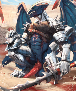5_fingers abs after_battle animal_genitalia anthro armor balls blood bodily_fluids clothing damaged_armor erection feet fingers genital_slit genitals headgear helmet horn knot knotted_penis male melee_weapon membrane_(anatomy) membranous_wings muscular muscular_anthro muscular_male navel penis solo sword teeth toes torn_clothing vein veiny_penis weapon wings ksfrost mythology dragon mythological_creature mythological_scalie scalie absurd_res hi_res