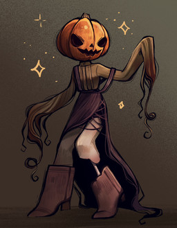 boots bottomwear clothing female footwear for_a_head jack-o'-lantern not_furry plant pumpkin_head shoes skirt solo suspenders feefal elemental_creature elemental_humanoid flora_fauna humanoid object_head plant_humanoid hi_res