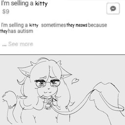 :3 ambiguous_gender anthro autism blush blush_lines caption collar disembodied_hand ears_down eyewear femboy glasses hair hair_over_eye heart_symbol holding_leash holding_object leash pivoted_ears solo tail text yutsi_catboi vitoka_(yutsi_catboi) domestic_cat felid feline felis mammal english_text meme monochrome