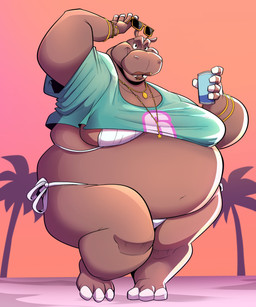alternate_species anthro belly beverage big_belly big_breasts bracelet breasts clothing eyewear eyewear_on_head female holding_beverage holding_object jewelry navel necklace number_on_clothing obese obese_anthro obese_female open_mouth open_smile overweight overweight_anthro overweight_female palm_tree plant side_boob smile solo sunglasses sunglasses_on_head swimwear thick_thighs tree two-piece_swimsuit wearing_sunglasses white_clothing white_swimwear hugo_enrique_art grand_theft_auto_vi gta_vi_cover_girl rockstar_games common_hippopotamus hippopotamid mammal absurd_res hi_res