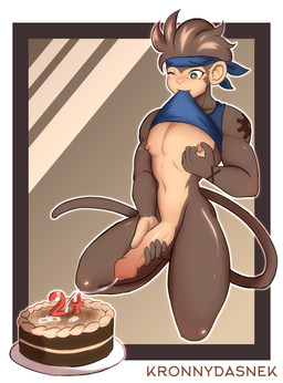 anthro balls biceps birthday birthday_cake bodily_fluids brown_body brown_eyes brown_fur brown_hair cake candle clothed clothing clothing_lift cum cum_on_food dessert erection food fur genital_fluids genitals hair kerchief male masturbation muscular nipple_fetish nipple_play nipples one_eye_closed penis shirt shirt_in_mouth shirt_lift solo tattoo text thick_thighs topwear kronnydasnek monkare_(kareca) haplorhine mammal monkey primate absurd_res digital_drawing_(artwork) digital_media_(artwork) english_text hi_res watermark