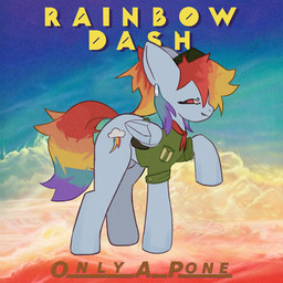 animal_genitalia backpack clothed clothing cutie_mark ear_piercing feral genitals gynomorph gynomorph_feral hair hat headgear headwear hooves intersex intersex_feral looking_at_viewer multicolored_hair piercing rainbow_hair raised_hoof scarf sheath solo tail wings eepy_donkey friendship_is_magic hasbro my_little_pony mythology oingo_boingo rainbow_dash_(mlp) equid equine mammal mythological_creature mythological_equine pegasus 1:1 album_cover cover