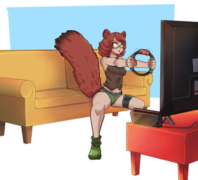 bodily_fluids drill_curls electronics exercise eyewear female fluffy fluffy_tail furniture glasses hair sofa solo sweat tail television mr._e nintendo nintendo_switch ring_fit_adventure casimira_(orannis0) animal_humanoid humanoid mammal mammal_humanoid rodent rodent_humanoid sciurid sciurid_humanoid tree_squirrel_humanoid hi_res
