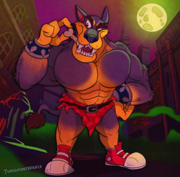 abs anthro biceps black_body black_fur bone bottomwear bracelet claws clothed clothing deltoids detailed_background eyebrows fangs footwear full_moon fur hand_on_hip jewelry loincloth male moon muscular muscular_anthro muscular_arms muscular_male orange_body orange_fur pose sharp_teeth shoes smile solo spiked_bracelet spikes standing tail tail_tuft teeth thick_eyebrows topless tuft turquoisephoenix activision crash_bandicoot_(series) tiny_tiger canid canine canis dasyuromorph dobermann domestic_dog hybrid mammal marsupial pinscher recently_extinct_species thylacine 2021 hi_res