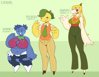 4_fingers banana belly_piercing big_breasts big_forearms big_hands black_clothing black_eyes black_footwear black_shoes blue_body blue_hair blue_skin blueberry_(fruit) blush bottomwear bra breasts cleavage_cutout clothed clothing curvy_figure cutout eyebrow_through_pseudo_hair female female_symbol fingers food footwear forearms freckles fruit fully_clothed gender_symbol green_background green_bottomwear green_clothing green_necktie green_pants green_pseudo_hair group hair hotpants huge_breasts larger_female leaf leaf_hair lemon male male_symbol narrowed_eyes navel necktie not_furry open_mouth orange_clothing orange_topwear orange_vest pants piercing plant plant_hair pose pseudo_hair red_bra red_clothing red_underwear shirt shorts shortstack shortstack_female simple_background simple_eyes size_difference slightly_chubby slightly_chubby_female slim smaller_female smile smirk standing stated_age symbol tan_bottomwear tan_clothing tan_pants text thick_thighs topwear torn_bottomwear torn_clothing torn_pants torn_thigh_highs trio underwear vest white_body white_clothing white_sclera white_shirt white_skin white_topwear wide_hips yellow_body yellow_pseudo_hair yellow_skin dozighost anaya_(dozighost) barbie_(dozighost) pucker_(dozighost) elemental_creature elemental_humanoid flora_fauna food_creature food_humanoid humanoid living_fruit plant_humanoid 2025 artist_name character_name colored digital_drawing_(artwork) digital_media_(artwork) english_text flat_colors hi_res model_sheet pinup signature watermark female_(lore) male_(lore)