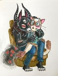 anthro black_body black_fur duo eyewear fur glasses horn male male/male red_eyes romantic surprise surprised_expression touching_chest wearing_glasses oddhoot colt_(oddhoot) sam_(oddhoot) canid domestic_cat felid feline felis mammal siamese hi_res traditional_media_(artwork) intersex_(lore)