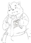 anthro bag camera clothing male necktie overweight overweight_anthro overweight_male school_uniform smile solo uniform young xiongtian mekko_rarekko buchi canid canine canis domestic_dog mammal 2023 black_and_white monochrome