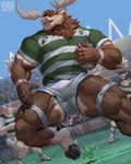 action_pose ambiguous_gender anthro antlers armband audience ball barazoku beard biceps big_muscles bodily_fluids bottomwear bulge clothed clothing day detailed_background dirt eyebrows facial_hair footwear fur grass group hair holding_ball holding_object hooves horn huge_muscles kemono male male_focus manly muscular muscular_anthro muscular_male open_mouth open_smile outside plant pose quads rugby rugby_ball running shirt shoes shorts smile solo_focus sport stadium sweat teeth thick_arms thick_thighs topwear tuft physen undertale_(series) asgore_dreemurr biff_the_moose ambiguous_species boss_monster_(undertale) bovid caprine deer goat mammal moose new_world_deer 2024 absurd_res hi_res signature