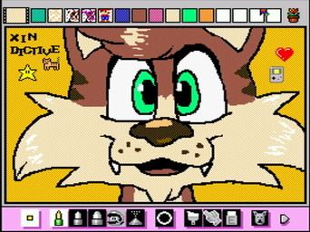anthro close-up fangs green_eyes hair heart_symbol looking_at_viewer male open_mouth orange_body screencap simple_background star teeth yellow_background rodricoro game_boy game_boy_family mario_paint nintendo xinny_the_caracal caracal_(genus) domestic_cat felid feline felis mammal digital_media_(artwork) dithering headshot_portrait mario_paint_(artwork) portrait