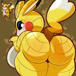 1:1 anthro big_breasts big_butt blush bodily_fluids breasts butt cleft_tail digital_media_(artwork) female fusion generation_1_pokemon hi_res huge_breasts hybrid hybrid_pokemon nintendo pikachu pokemon pokemon_(species) pokemon_infinite_fusion sandshrew simple_background softestpuffss solo sweat tail thick_thighs