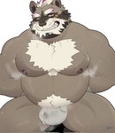 anthro bodily_fluids bulge clothing genital_fluids male moobs musk nipples overweight overweight_male precum simple_background solo sweat underwear mrookii lifewonders live_a_hero viscunam mammal procyonid raccoon 2022 hi_res