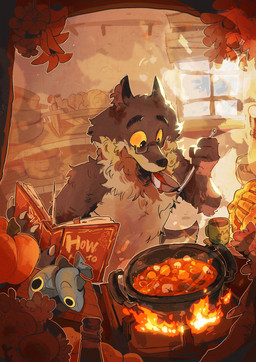 4_fingers anthro arm_tuft autumn beverage book bottle cheek_tuft chest_tuft claws container cookbook cooking cooking_pot cup cutlery ears_up elbow_tuft eyebrows eyewear eyewear_only facial_tuft fingers fire fluffy food fruit fur fuzzy glasses glasses_only grey_body grey_fur head_tuft holding_book holding_object home inner_ear_fluff inside kitchen kitchen_utensils leaf male mug neck_tuft nude plant pointy_ears prick_ears pumpkin shoulder_tuft smoke solo spoon standing steam tail tasting tools tuft underbelly vegetable wearing_glasses window yellow_eyes soyeah intermarche_unloved albert_(intermache_unloved) the_first_wolf_(unloved) canid canine canis fish mammal marine wolf absurd_res hi_res warm_colors