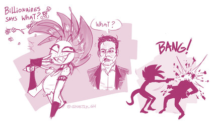 anthro bracelet clothing crop_top death dialogue duo fingerless_gloves freckled_shoulders freckles gloves grin gun half-closed_eyes handwear head_explosion jewelry male mohawk narrowed_eyes piercing ranged_weapon sharp_teeth shirt smile speech_bubble spiked_bracelet spikes teeth text topwear weapon ghastlygh ash_(g-h-) elon_musk gecko human lizard mammal reptile scalie english_text hi_res monochrome nonbinary_(lore)