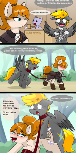 blonde_hair blush chain chain_leash collar cutie_mark dialogue female female_penetrated feral feral_on_feral feral_penetrated feral_penetrating feral_penetrating_feral hair leash looking_pleasured male male/female male_penetrating male_penetrating_female melee_weapon orange_hair penetration sex slave sword text weapon wings pencil_bolt hasbro my_little_pony mythology pencil_bolt_(pencilbolt) equid equine mammal mythological_creature mythological_equine pegasus absurd_res comic english_text hi_res