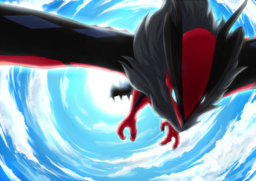 ambiguous_gender blue_eyes claws cloud day feral flying fur horn light looking_at_viewer outside sky skyscape solo sun sunlight toe_claws wings kurokitsune777 nintendo pokemon avian generation_6_pokemon legendary_pokemon pokemon_(species) yveltal 2015 hi_res