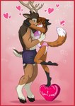 2014 2_ears abs absurd_res anthro antlers black_body black_fur blush border boxers_(clothing) bra brown_body brown_eyes brown_fur brown_hair canid canine cervine claws clothed clothing deer digital_drawing_(artwork) digital_media_(artwork) duo embrace female fluffy fluffy_tail fox fur gradient_background hair heart_symbol hi_res hooves horn hug huge_filesize looking_at_another male male/female mammal muscular nuzzling paws red_border romantic romantic_ambiance romantic_couple rukifox ruscal simple_background size_difference tail text toe_claws underwear white_body white_fur