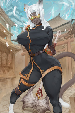 anthro belt big_breasts breasts clothed clothing dipstick_tail eyewear female fully_clothed goggles hair hands_behind_back looking_at_viewer markings prosthetic prosthetic_limb snaggle_tooth solo tail tail_markings thick_thighs white_hair white_paws refegi dungeons_and_dragons hasbro wizards_of_the_coast pure_snow_(pacothegint) felid mammal tabaxi absurd_res hi_res