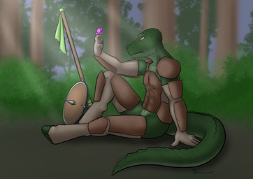 abs anthro armor butterfly_on_finger clothed clothing digitigrade forest gloves green_body handwear male melee_weapon muscular muscular_anthro muscular_male outside plant pupils shield sitting slit_pupils solo spikes tail tree weapon yellow_eyes danaume mythology ambient_arthropod ambient_insect arthropod butterfly dragon half-dragon insect lepidopteran mythological_creature mythological_scalie scalie