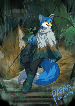 ambiguous_gender anthro beak black_bottomwear black_clothing black_pants blue_body blue_fur blue_tail bottomwear brown_body brown_clothing brown_fur brown_topwear clothed clothing dipstick_tail duo fur green_clothing green_topwear holding_object holding_umbrella inner_ear_fluff male markings mouth_closed orange_eyes outside pants raining solo solo_focus tail tail_markings topwear tuft umbrella white_body white_clothing white_fur white_inner_ear_fluff white_tail white_topwear yellow_beak papayafurry avian 2024 dated hi_res signature