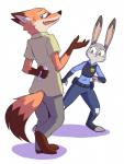 anthro bodily_fluids clothing duo female male police police_uniform simple_background sweat sweatdrop uniform white_background paulgq disney zootopia judy_hopps nick_wilde canid canine fox lagomorph leporid mammal rabbit red_fox true_fox