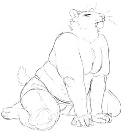 all_fours anthro belly clothed clothing grumpy male moobs overweight overweight_anthro overweight_male partially_clothed sitting solo tail teeth topless topless_anthro topless_male underwear underwear_only cettus kliment_glazkov felid mammal prehistoric_species saber-toothed_tiger 2022 monochrome sketch