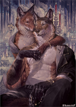 abs amazing_background anthro arm_around_neck belt bottomwear bracelet brown_body brown_fur candlestick clock clothed clothing container cup detailed_background detailed_fur duo ear_piercing fur glass glass_container glass_cup gold_(metal) gold_jewelry gold_necklace gold_tooth jacket jewelry looking_at_viewer male male/male multicolored_body multicolored_fur muscular muscular_male necklace nipples open_clothing open_jacket open_topwear orange_body orange_fur pants partially_clothed piercing red_body red_fur ring_(jewelry) sitting street_lamp topwear watch white_body white_fur bubblewolf canid canine canis fox mammal wolf detailed hi_res