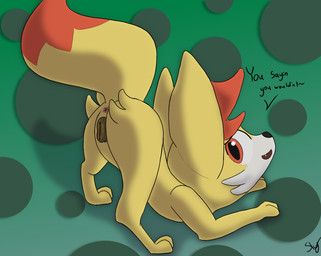 animal_genitalia animal_vulva anus ass_up canine_genitalia canine_vulva dipstick_tail ear_tuft facial_tuft female feral fur genitals green_background leg_tuft looking_at_viewer looking_back markings nervous nervous_smile orange_body orange_eyes orange_fur presenting presenting_anus presenting_vulva raised_tail simple_background solo tail tail_markings talking_to_viewer text tuft vulva white_body white_fur yellow_body slysocx nintendo pokemon fennekin generation_6_pokemon pokemon_(species) colored digital_media_(artwork) english_text shaded signature simple_shading