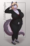 absurd_res anthro belt big_breasts blonde_hair breasts brown_eyes canid canine canis cleavage clothed clothing curvy_figure elyse_wilfred female female_anthro fluffy fluffy_tail footwear fully_clothed fur gem gesture grey_body grey_fur hair harnny hi_res huge_breasts jewelry kemono looking_at_viewer mammal mature_female multicolored_body multicolored_fur necklace pearl_(gem) pearl_necklace salute shoes solo suit tail thick_thighs two_tone_body two_tone_fur voluptuous white_body white_fur wolf