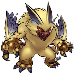 anthro chibi claws fluffy fur orange_eyes sharp_teeth solo teeth winged_arms wings yellow_body yellow_fur cwdwcwdw bandai_namco digimon digimon_ghost_game digimon_(species) lamortmon monster hi_res