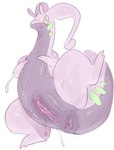 anus blush bodily_fluids female genital_fluids genitals nude pussy simple_background solo white_background solterv mythology nintendo pokemon dragon generation_6_pokemon goodra mythological_creature mythological_scalie pokemon_(species) scalie hi_res